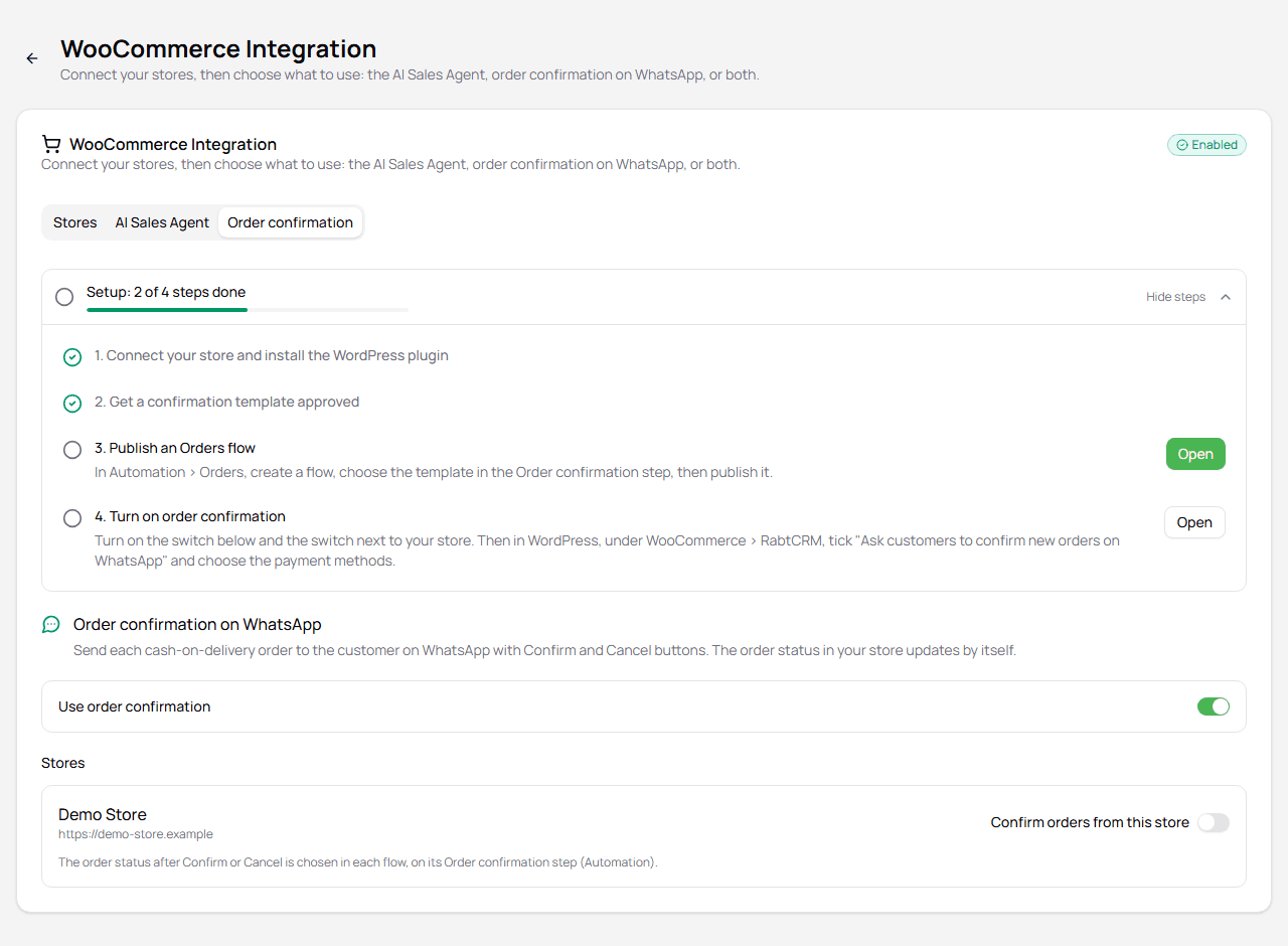 Order confirmation tab